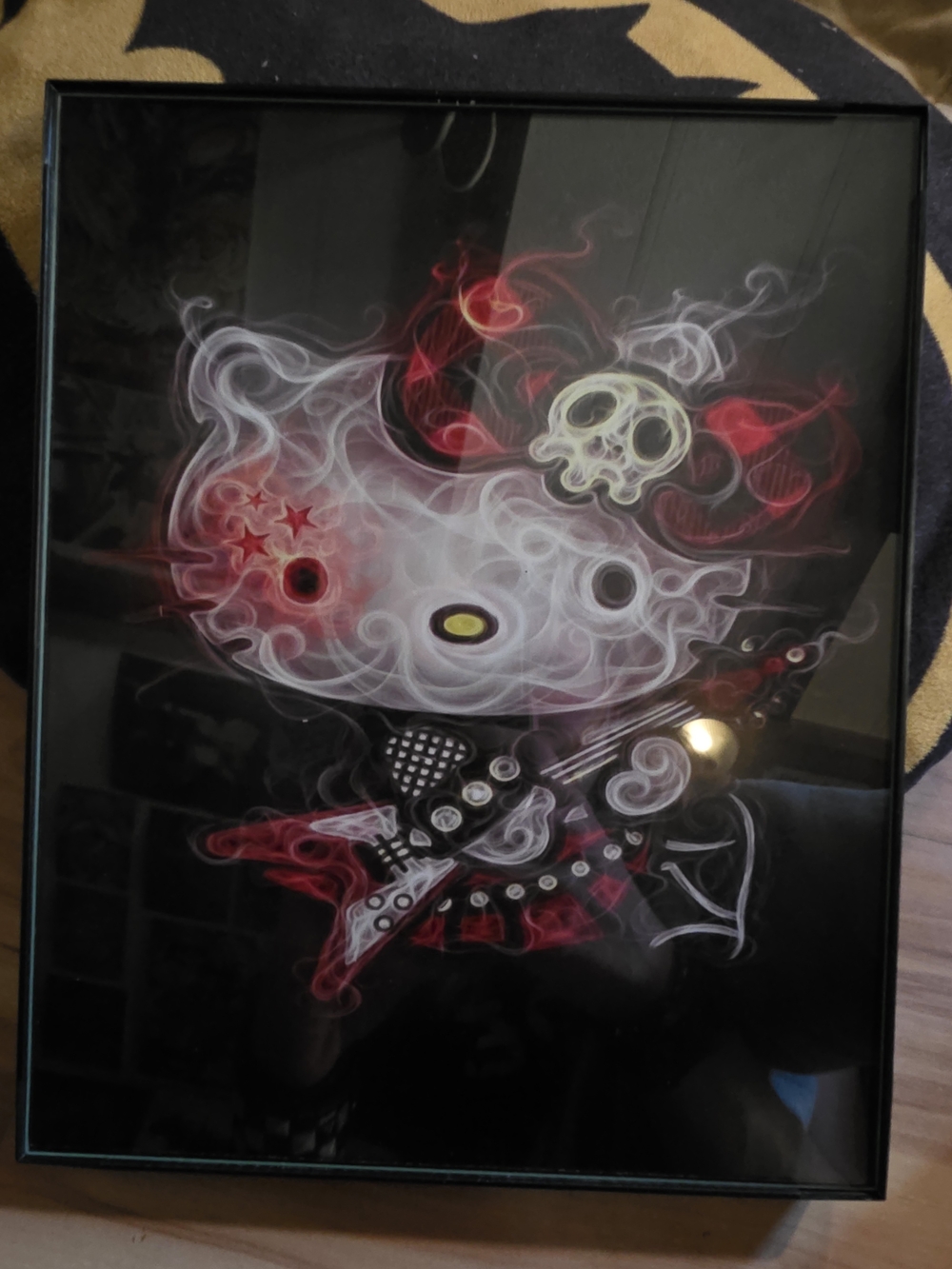 White and Red Smoky Cat Wall Art Print - Rock Guitar Design